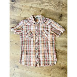 SALT VALLEY WESTERN L plaid Pearl Snap Short Sleeved Peach Top cotton plaid